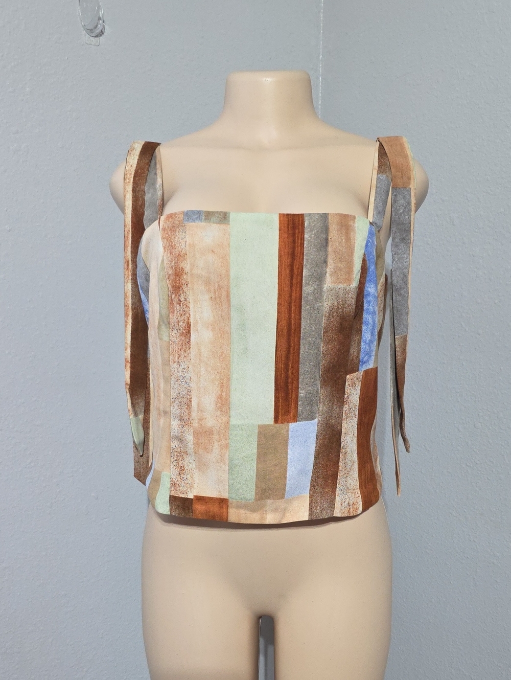 Maison d'Amelie Striped Square-Neck Tie-Strap Women's Top in Multi Brown Size 10